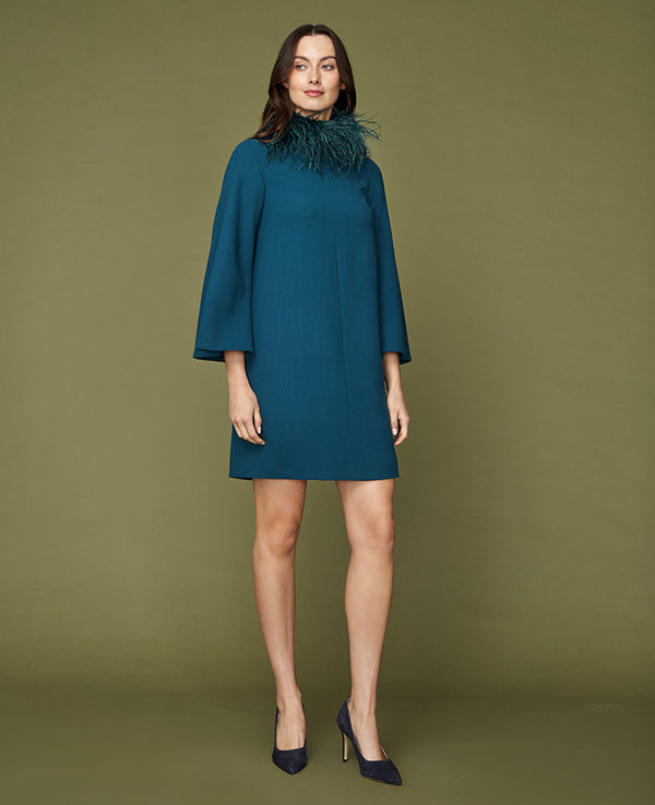 PALAZZO DRESS DOUBLE WOOL CREPE TEAL W/ FEATHER COLLAR