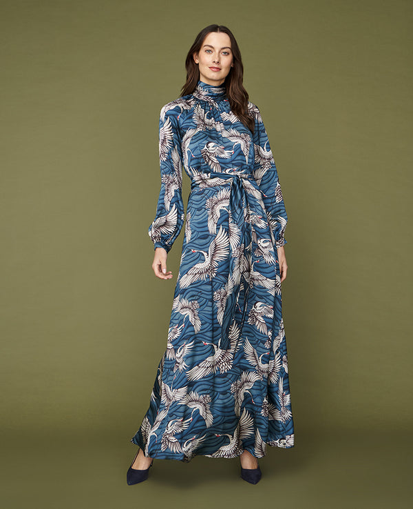 ALLEGRA DRESS CRANES LARGE TEAL SILK SATIN