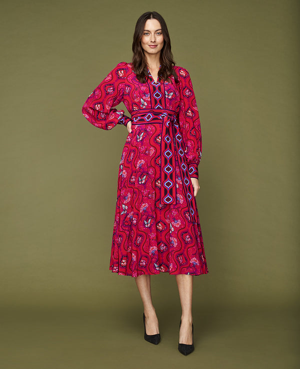 CASSANDRA DRESS TOPKAPI RED W/ OBI BORDER BELT CDC
