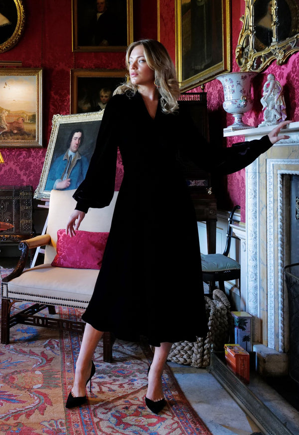 CASSANDRA MIDI DRESS SOLID BLACK SILK VELVET