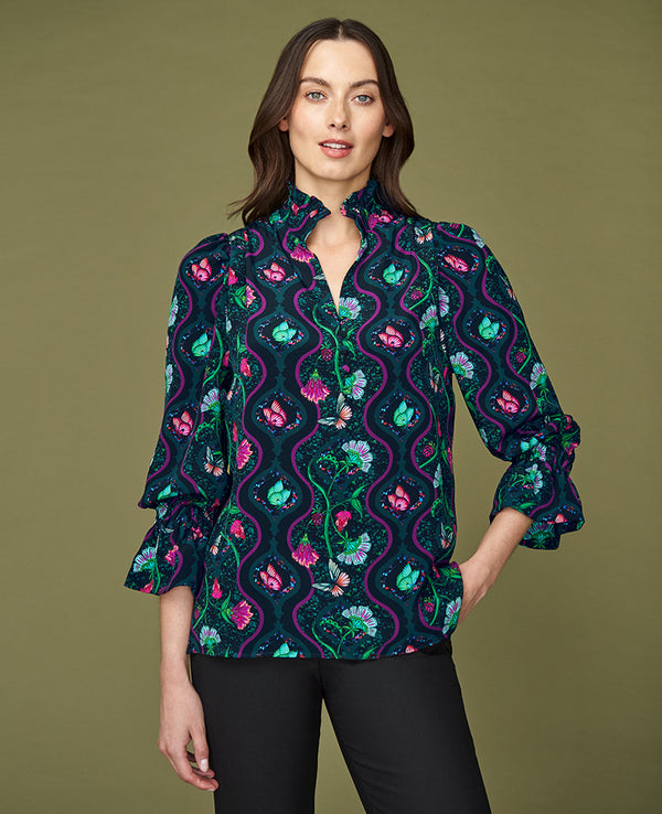 LUISA BLOUSE TOPKAPI GREEN SILK STRETCH