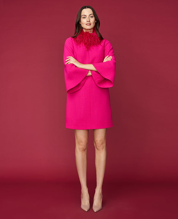 PALAZZO DRESS DOUBLE WOOL CREPE HOT PINK W/FEATHER COLLAR