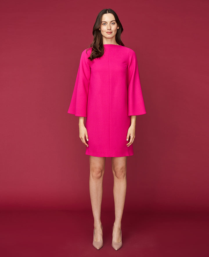 PALAZZO DRESS DOUBLE WOOL CREPE HOT PINK W/FEATHER COLLAR Catherine Prevost London PALAZZO DRESS DOUBLE WOOL CREPE HOT PINK W/FEATHER COLLAR Catherine Prevost London